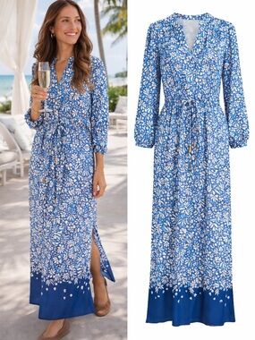 Cabana Life Blue White Floral UPF 50+ Maxi Dress Size Small NWT Coastal Resort